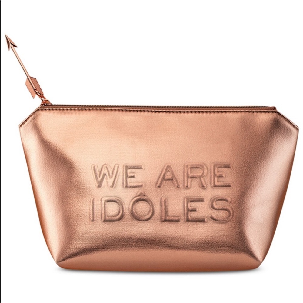 Lancôme Metallic Rose Gold Bag Makeup CosmeticTravelWe Are Idoles 10”x 5.5" NEW